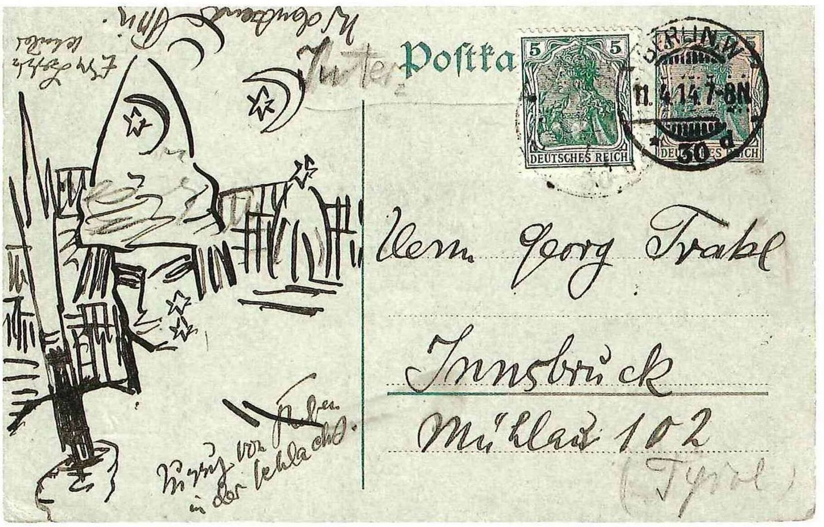 Rückseite einer Postkarte mit Zeichnungen und wenig Text.