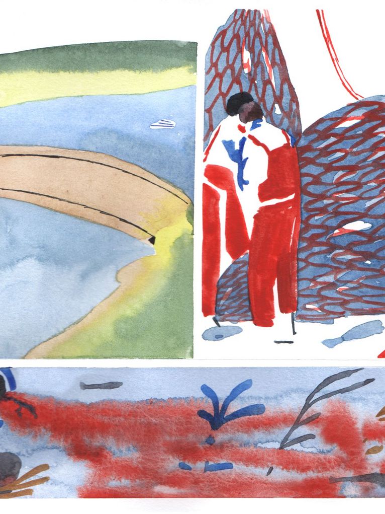 Aquarellbild von einem Ufer, Netzen und rotem Wasser.