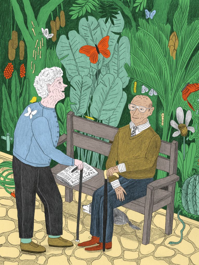 Illustration eines älteren Paares. Der Mann sitzt auf einer Bank, neben ihm eine Tageszeitung, die Frau steht vor der Parkbank.