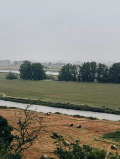 Weite Flusslandschaft an einem verregneten Tag, im Hintergrund Bäume.