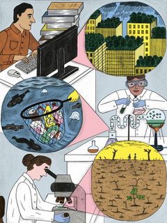 Bunte Illustration von Wissenschaftlerinnen und Wissenschaftlern, einem bewachsenen Hochhaus, einem Kescher voller Müll und einer kleinen Pflanze auf einem Trockenen Feld.