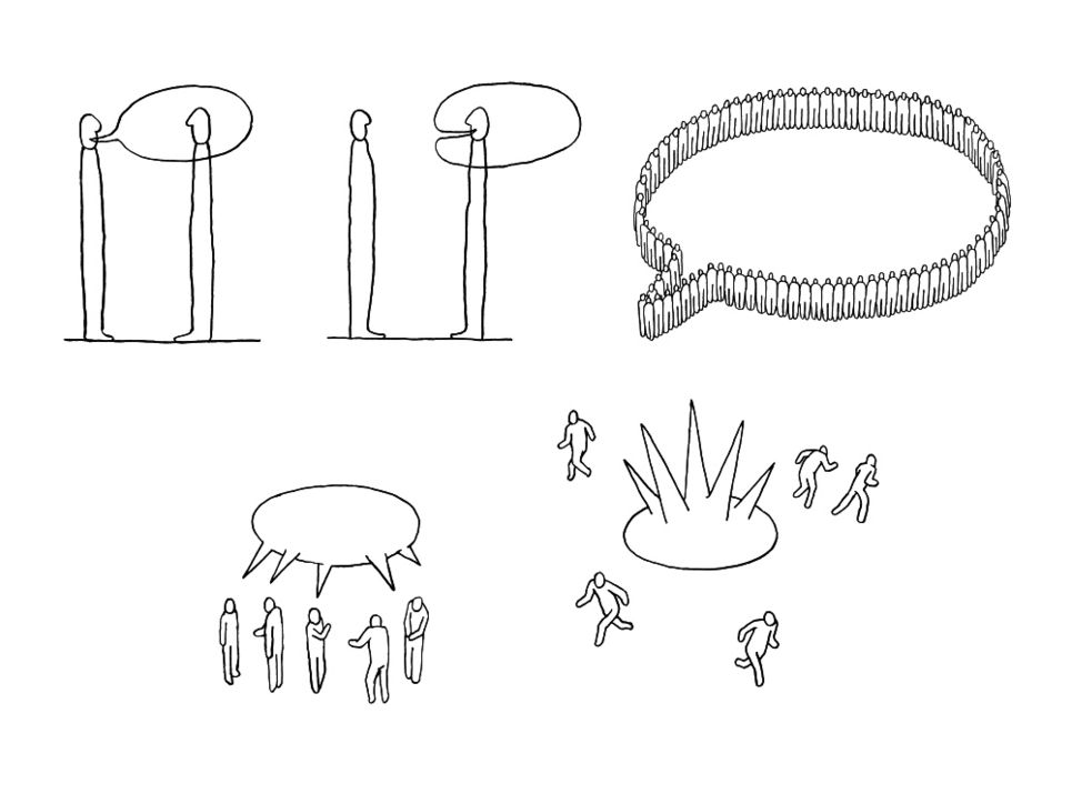 Illustrationen eins: Je zwei Personen mit Sprechblasen. Die eine umschließt den Kopf des Gesprächspartners, die andere schließt den Kopf des Sprechers ein. Illustration zwei: Personen haben sich zu einer Sprechblase formiert. Illustration drei: Diskutierende Personen, über ihnen eine große Sprechblase. Illustration vier: Eine Sprechblase mit Stacheln, vor der Personen wegrennen.