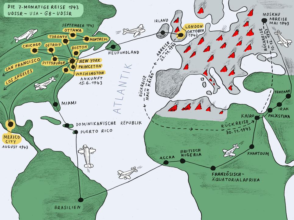 Illustration einer Karte, auf der die Reiseroute der beiden durch Linien, Flugzeuge und Datumsangaben an den jeweiligen Stationen markiert ist.