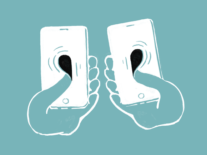 Zeichnung von zwei Händen, die jeweils ein Smartphone halten und antippen