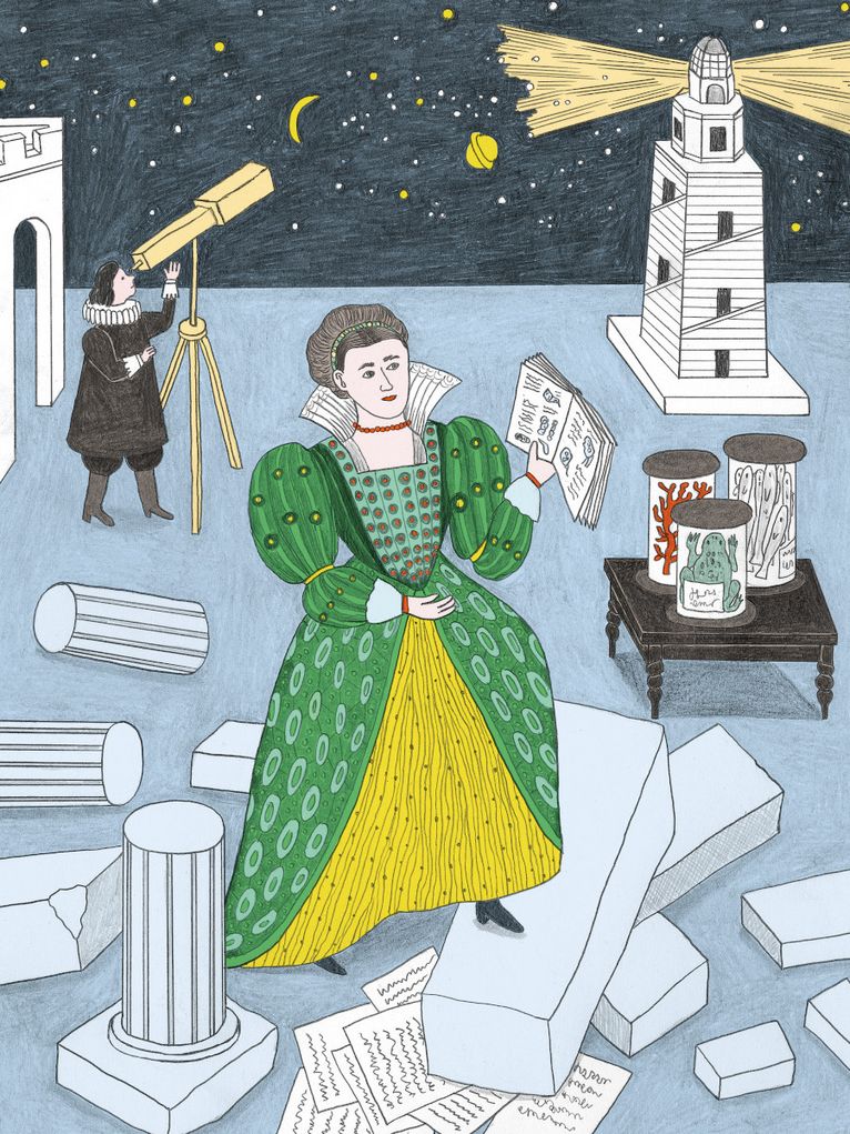 Illustration einer Wissenschaftlerin aus der Frühen Neuzeit. Im Hintergrund ein Astronom, der in den Sternenhimmel blickt.