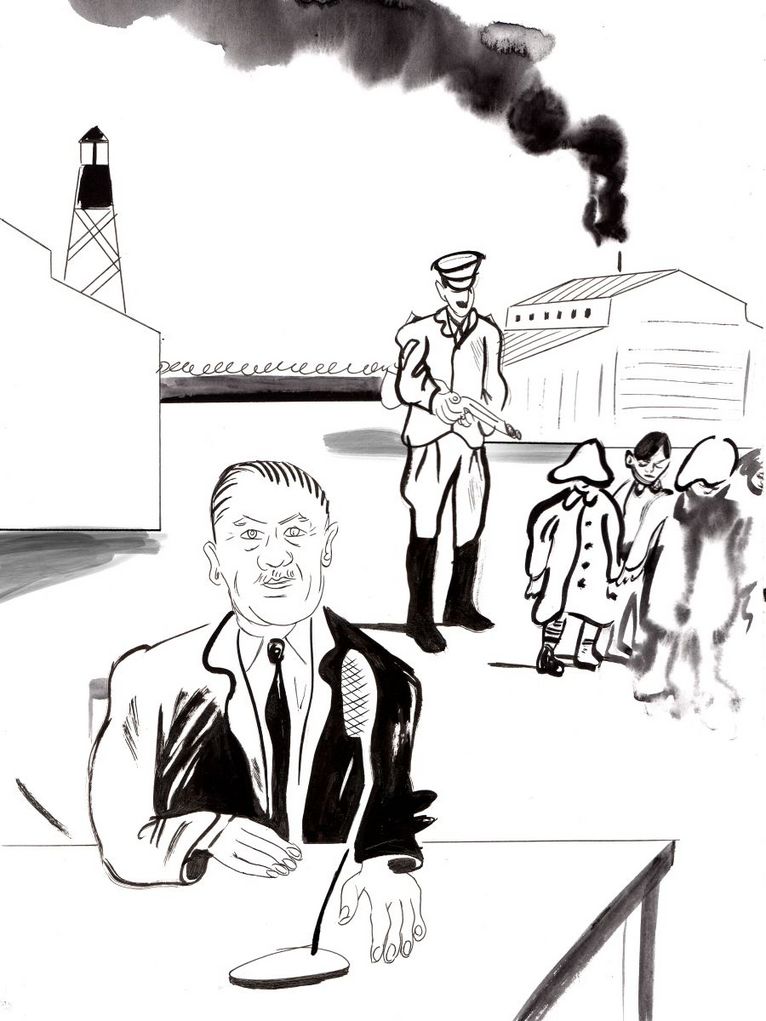 Schwarz Weiß Illustration von dem Zeugen und im Hintergrund von seiner Aussage. Dort sieht man einen Mann mit einem Gewehr das auf eine Gruppe Kinder zielt.