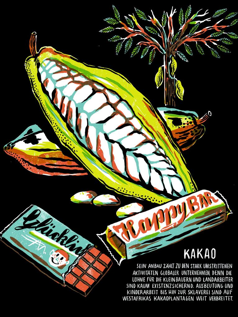 Illustration von Kakaobohnen, einem Kakaobaum, einer Tafel Schokolade und einem Schokoriegel. Infotext: KAKAO SEIN ANBAU ZÄHLT ZU DEN STARK UMSTRITTENEN AKTIVITÄTEN GLOBALER UNTERNEHMEN, DENN DIE LOHNE FUR DIE KLEIN BAUERN UND LANDARBEITER SIND KAUM EXISTENZSICHERND. AUSBEUTUNG UND KINDERARBEIT BIS HIN ZUR SKLAVEREI SIND AUF WESTAFRIKAS KAKAOPLANTAGEN WEIT VERBREITET.