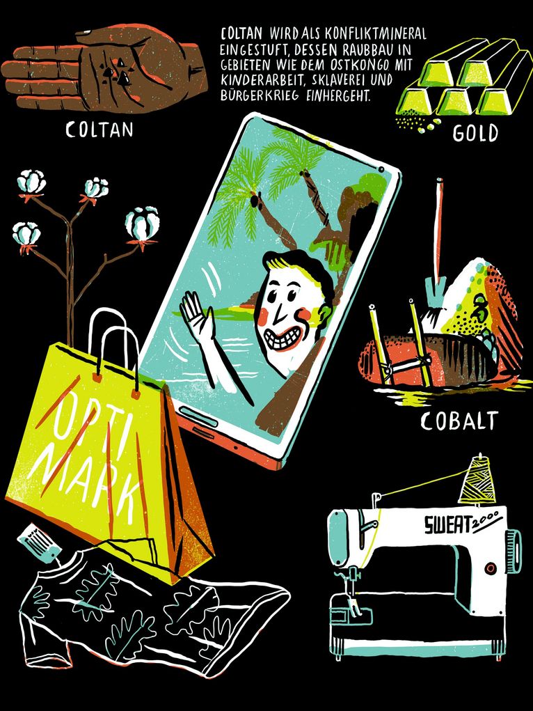 Illustration zu Coltan, Gold, Baumwolle und Cobalt. Außerdem ein Smartphone, eine Shoppingtüte, ein T-Shirt und eine Nähmaschine. Infotext: COLTAN WIRD ALS KONFLIKTMINERAL EINGESTUFT, DESSEN RAUBBAU IN GEBIETEN WIE DEM OSTKONGO MIT KINDERARBEIT, SKLAVEREI UND BURGERKRIEG EINHERGEHT.