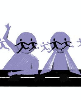 Illustration von zwei Kindern. Sie sitzen an einem Tisch, der eine Straße ist. Ein Kind hebt die Hand. Auf höhe ihrer Gesichter rennen Flüchtende Personen, die zugleich Nase, Mund und Augen der Kinder bilden.