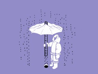 Illustration eines Forschers der aus einem Eisbohrkern einen Regenschrim macht