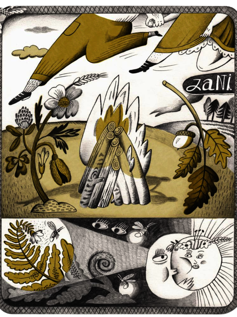 Jani Illustration mit mehreren szenischen Elementen in einem gerahmten Bild. Zu sehen sind Beine einer tanzenden Person, Pflanzen, ein kleines Feuer aus Holzscheiten sowie Sonne- und Mondgesichter. Die Farbpalette ist überwiegend Gelb-, Grau- und Grüntönen gehalten.