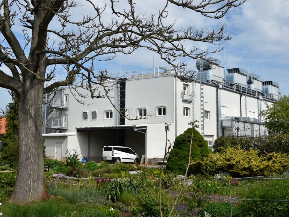 Ein großes, weißes, eckiges Gebäude, die Pflanzenkulturhalle. Im Vordergrund ein blühender Garten und ein Baum.