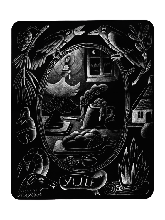 Dunkle Illustration mit weiß gezeichneten Motiven auf schwarzem Hintergrund. In der Mitte eine ovale Szene mit Kerze, Brot und Getränk auf einem Tisch vor einem Fenster mit Nachtlandschaft. Umgeben von Tieren, Pflanzen, einem Feuer und winterlichen Symbolen, unten der Schriftzug „Yule“.