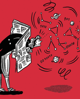 Animierte Illustration einer altertümlich gekleideten Person, die ihren Kopf durch ein Loch in der Zeitung streckt, hinter der sich Sterne, Planeten, Modelle chemischer Verbindungen und Zahlen hin und her bewegen.