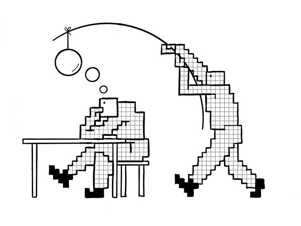 Zwei Figuren und Denkblasen, eine Figur angelt eine Denkblase der anderen Figur