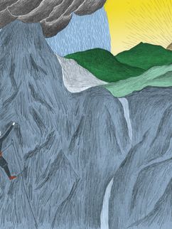 Illustration eines Bergsteigers, der einen Gipfel erklimmt. Im Hintergrund die aufgehende Sonne.