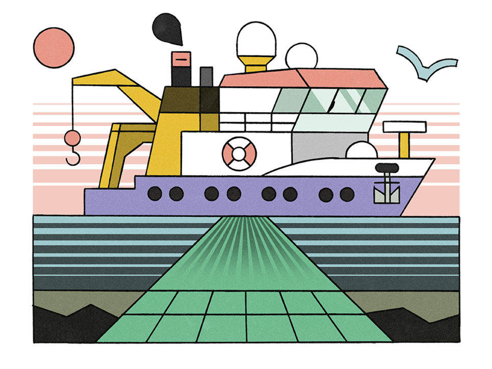 Illustration eines Forschungsschiffs.