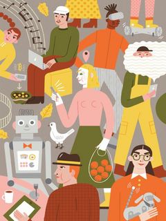 Bunte Illustration von Menschen und einem Roboter, die Einkaufen, Musik hören, essen, per Smartphone mit Bitcoins handeln und vieles mehr.