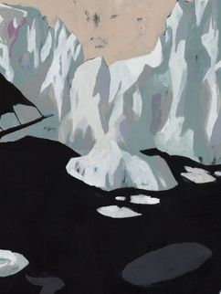 Illustration eines Segelbootes vor einem Eisberg inmitten von Eisschollen.