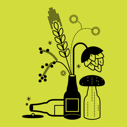 Illustration einer Hopfenpflanze, die aus einer Flasche wächst.