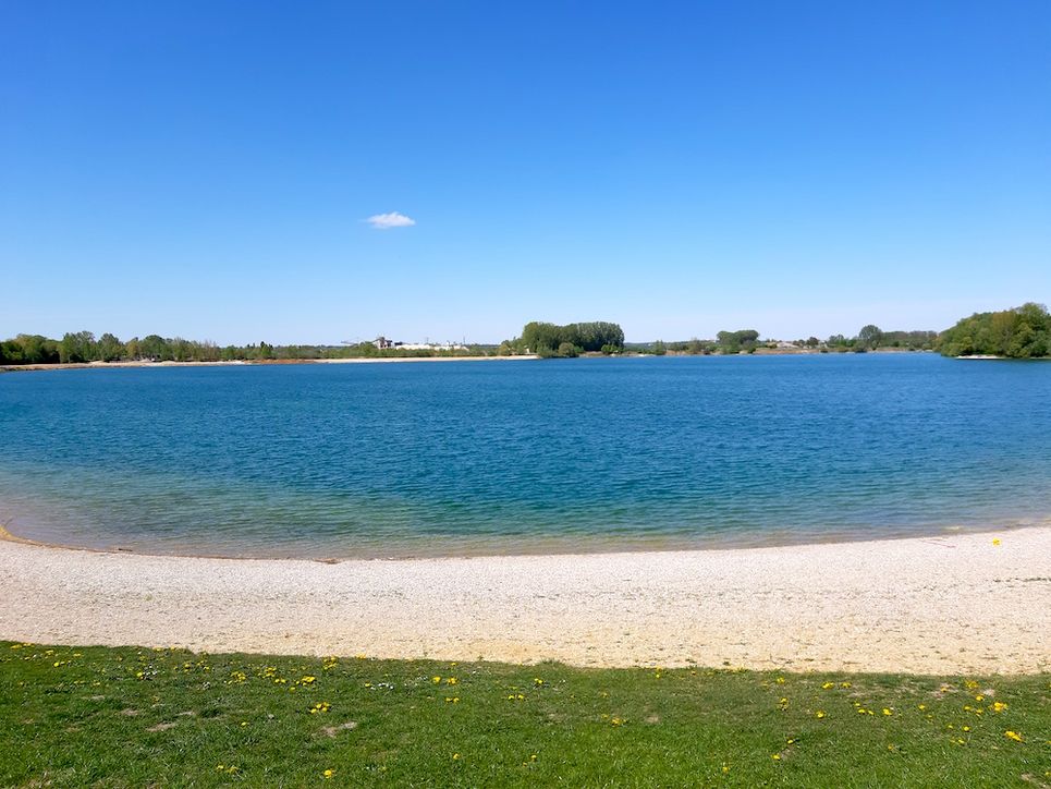 Blauer See mit Strand und Wiese.