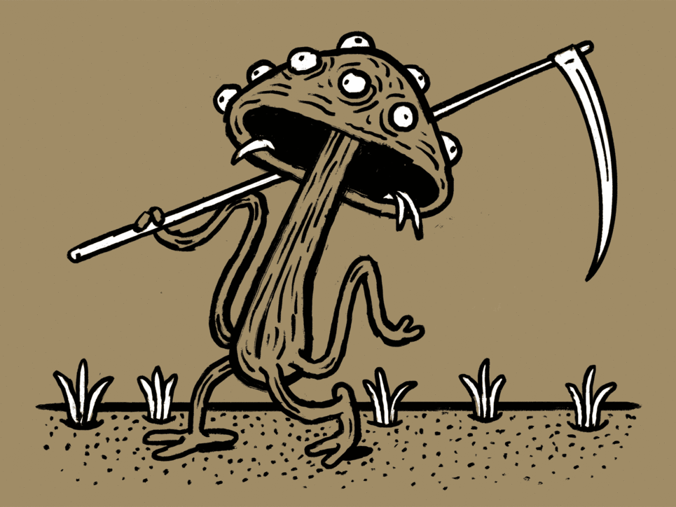 Illustration eines Pilzes, der mit einer Sense marschiert.