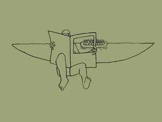 Illustration von einer Person, die Zeitung liest. Die Personen auf der Zeitungsseite sind zugleich Menschen auf einem Boot, das hinter der Zeitung lesenden Person liegt.