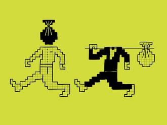 Die Illustration zeigt eine Figur mit Geldsack als Kopf und eine Figur ohne Kopf, die den Geldsack dafür an einen Stock gebunden über der Schulter trägt.