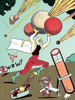 Illustration eines Superhelden der rennend explodierende Kugeln stemmt, einem weiteren Superhelden mit einem riesigen DNA-Strang, eines großen Reagenzglases und weiteren explosiven Elementen.