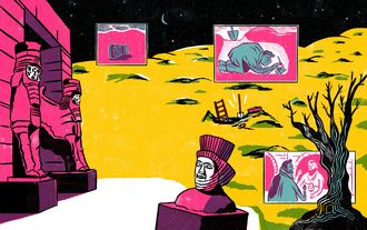 Bunte Illustration einer antiken Grabungsstätte.