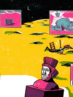 Bunte Illustration einer antiken Grabungsstätte.