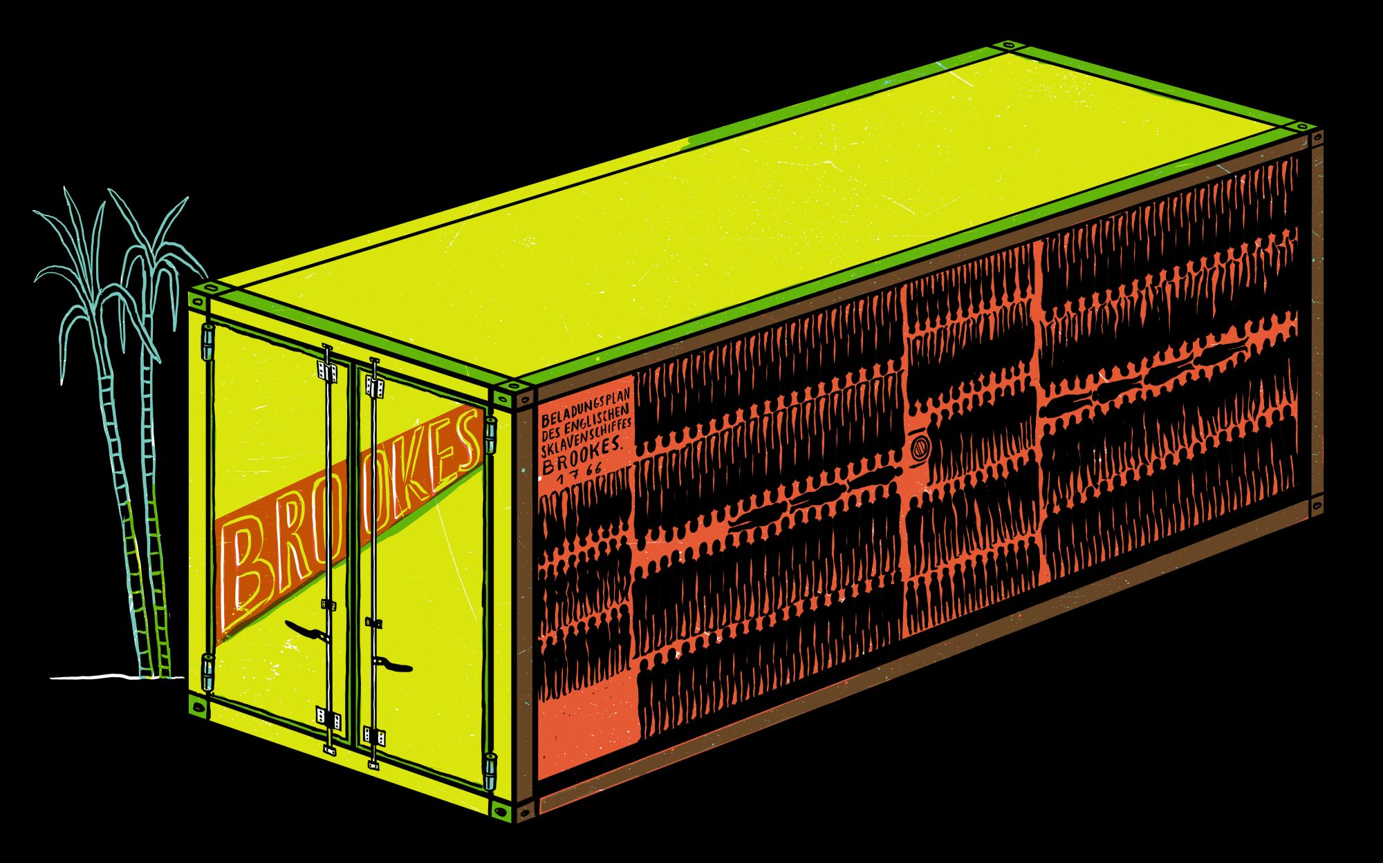 Illustration von vielen Menschen in einem Frachtcontainer.