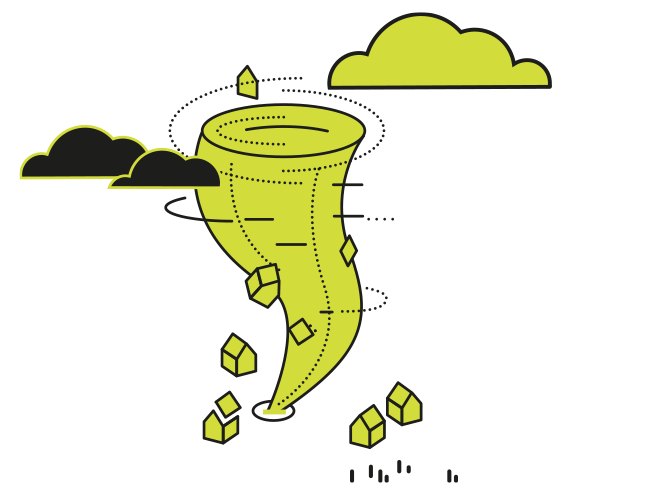 Illustration eines Wirbelsturms zwischen kleinen Häusern und Wolken.