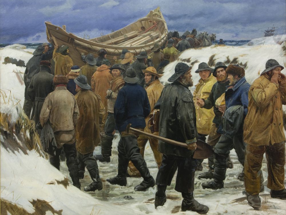 Das Gemälde "The Lifeboat is Taken through the Dunes" von Michael Peter Ancher.