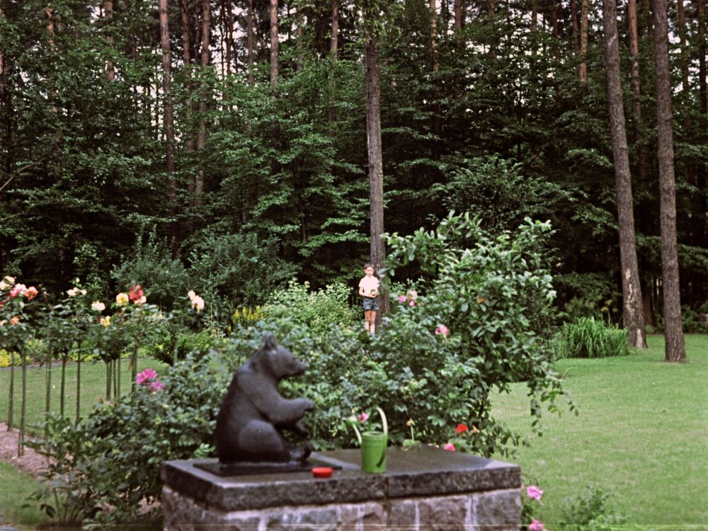 Gartenanlage im Wald mit Rosen, Büschen und der Skulptur eines sitzenden Bären.
