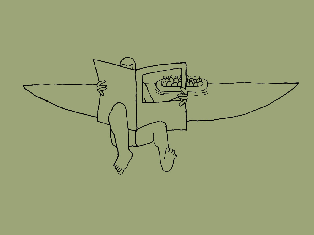 Illustration von einer Person, die Zeitung liest. Die Personen auf der Zeitungsseite sind zugleich Menschen auf einem Boot, das hinter der Zeitung lesenden Person liegt.
