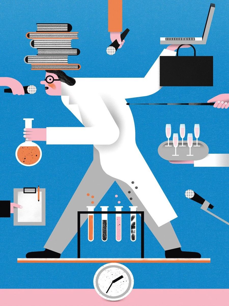 Illustration eines Wissenschaftlers mit einem Bücherstapel auf dem Kopf, Koffer, Laptop und Reagenzglas in der Hand. Von allen Seiten werden ihm weitere Dinge gereicht, unter ihm mehrere Reagenzgläser und eine Uhr.