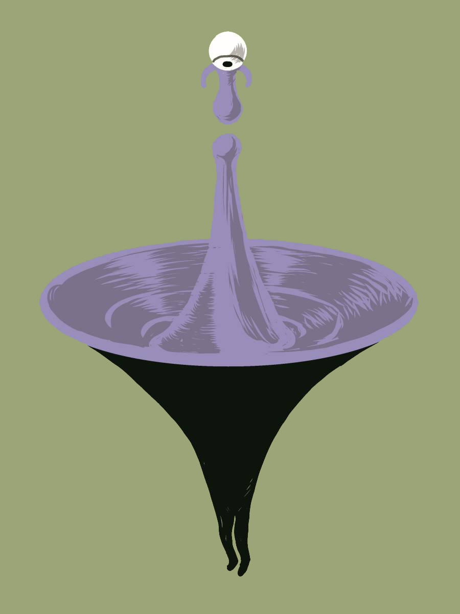 Illustration eines Wasserstrudels, in den hinein es aus einem Auge tropft und der zwei Beine hat.