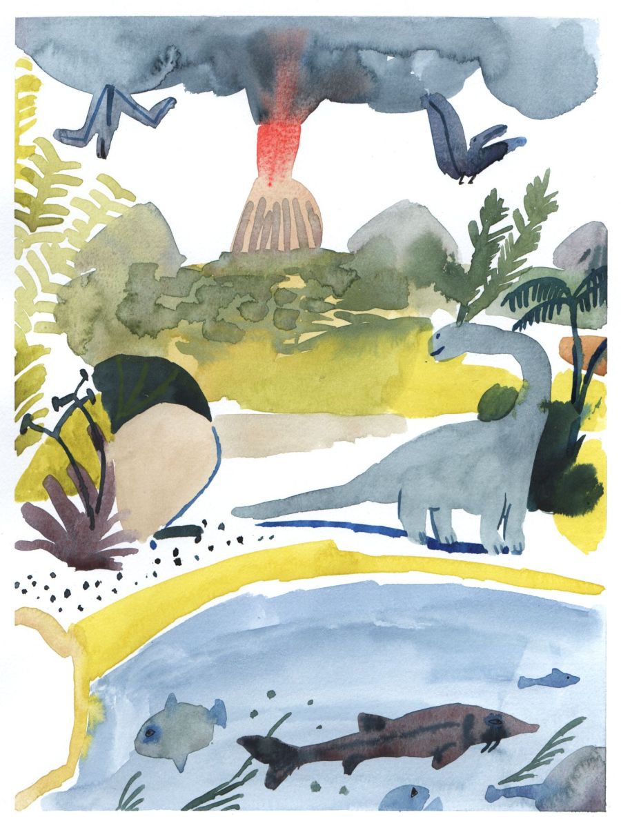 Aquarell Zeichnung mit Vulkan, Stören, einem Dinosaurier und Pflanzen.