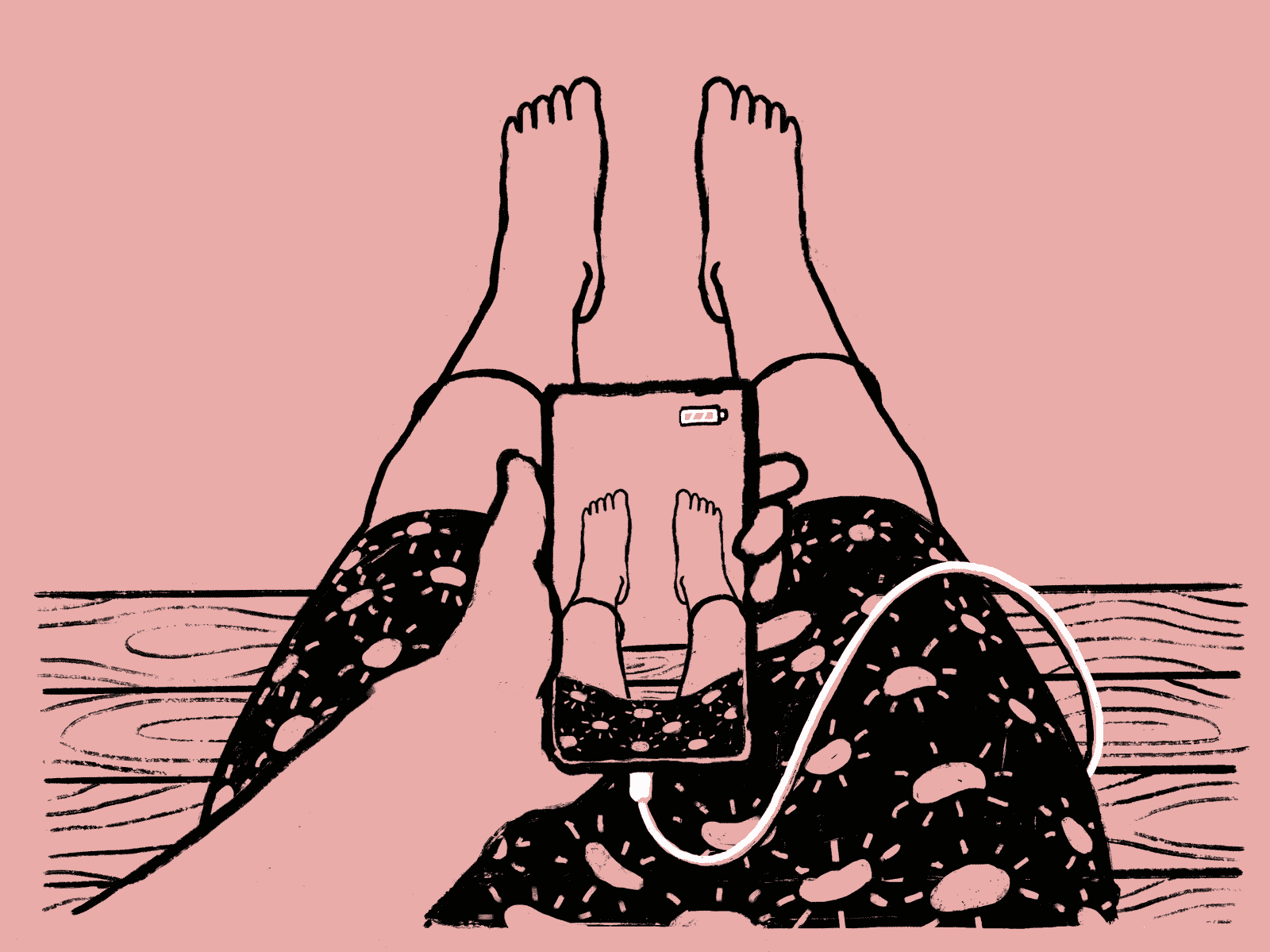 Illustration. Eine Person, deren Beine zu sehen sind, hält ein Smartphone in der Hand, dessen Kabel unter ihrem Bein verschwindet. Auf dem Smartphone sind auch ihre Beine zu sehen.