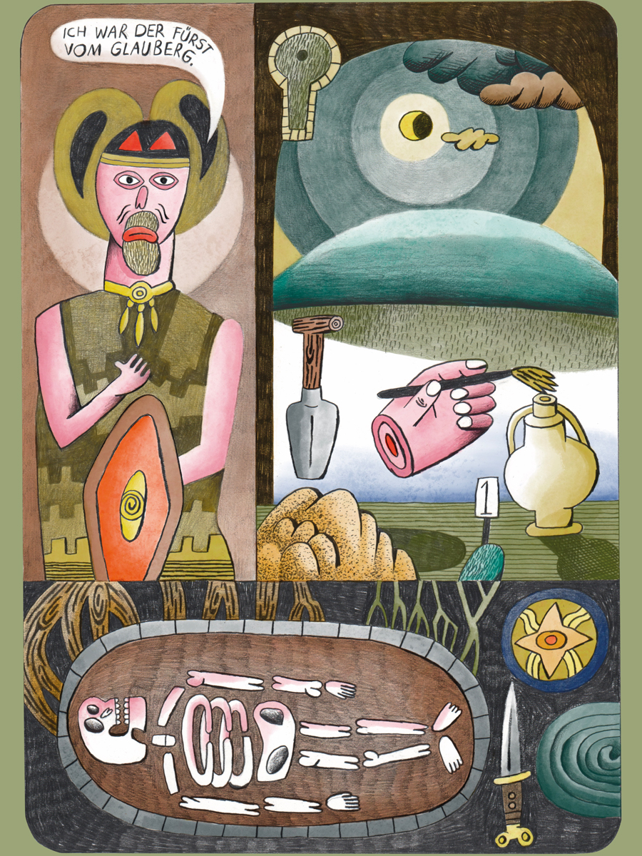 Bunte Illustration eines keltischen Kriegers, eines Hügels mit Mondschein, eines Spatens, einer Hand, die mit einem Pinsel eine Vase bemalt, eines Skeletts, eines Messers und einer Brosche.