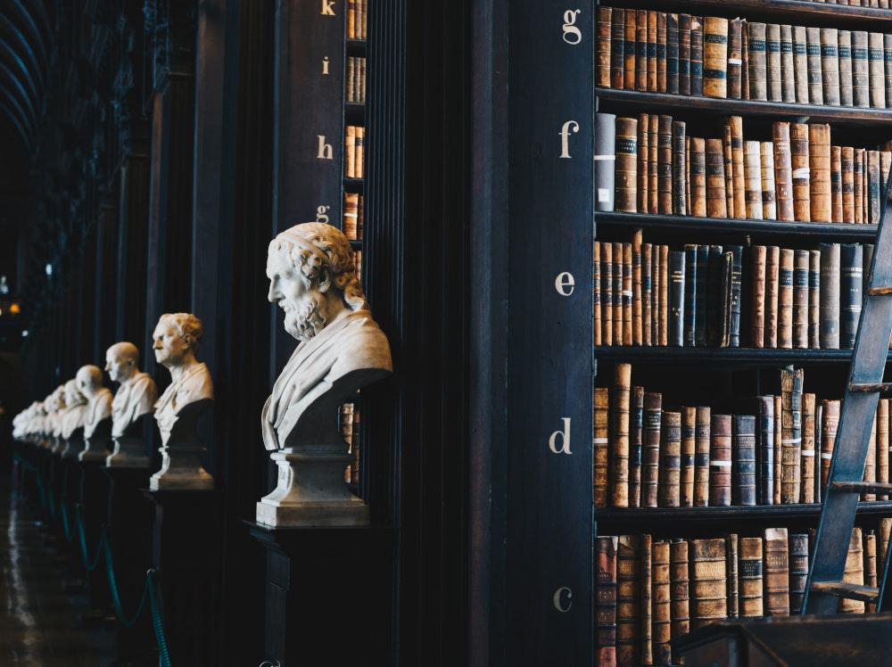 Bibliothek mit alten Büchern und Marmorbüsten.