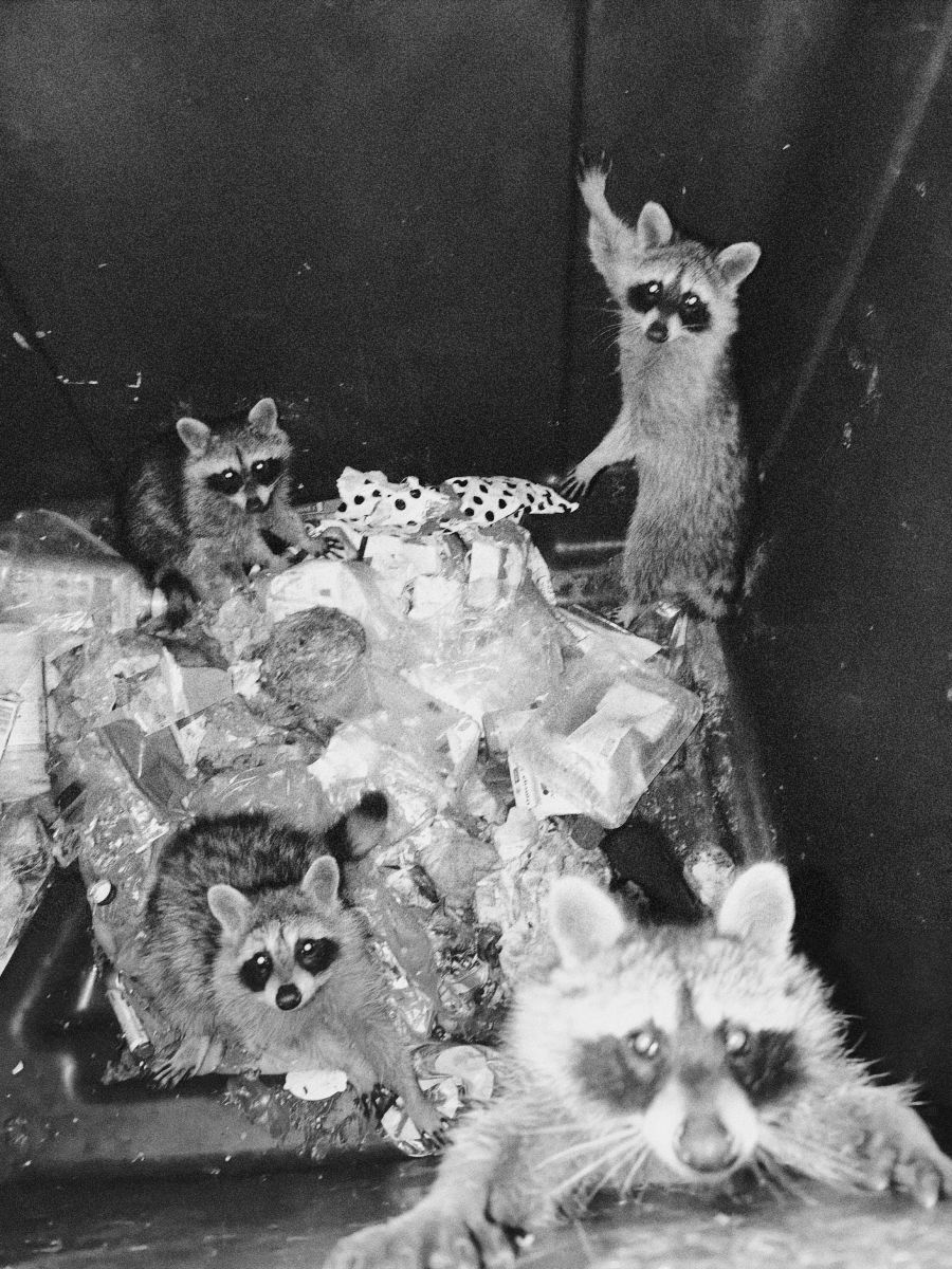 Vier Waschbären sitzen im Dunkel der Nacht in einer Mülltonne, die sie gerade durchwühlen. Sie schauen neugierig in die Kamera.
