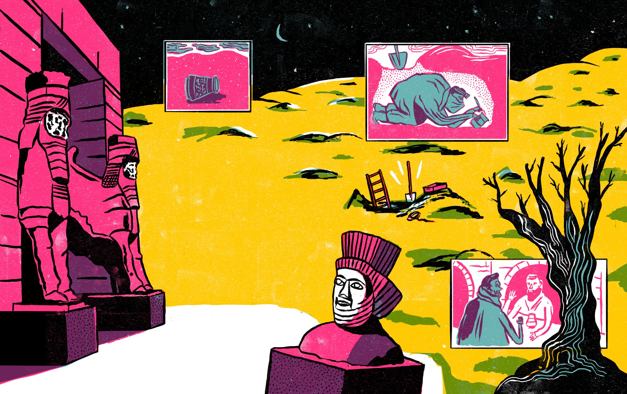 Bunte Illustration einer antiken Grabungsstätte.