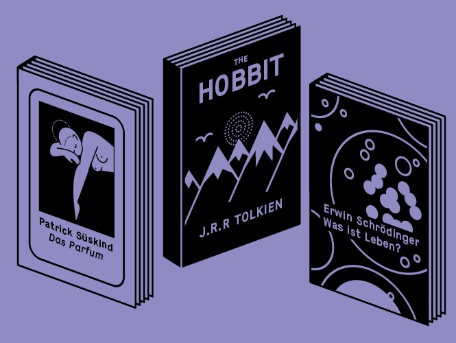 Illustration von drei Büchern. Patrick Süßkind: »Das Parfüm«, J.J.R. Tolkien: »The Hobbit« und Erwin Schrödinger: »Was ist Leben?«
