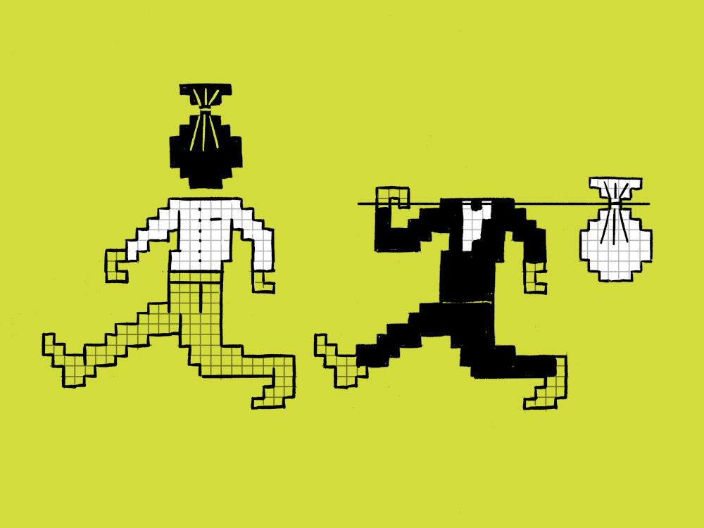 Illustration zeigt eine Figur, die statt eines Kopfes einen Geldsack auf dem Oberkörper hat, und eine zweite Figur ohne Kopf, die den Geldsack stattdessen über der Schulter an einem Stock trägt.