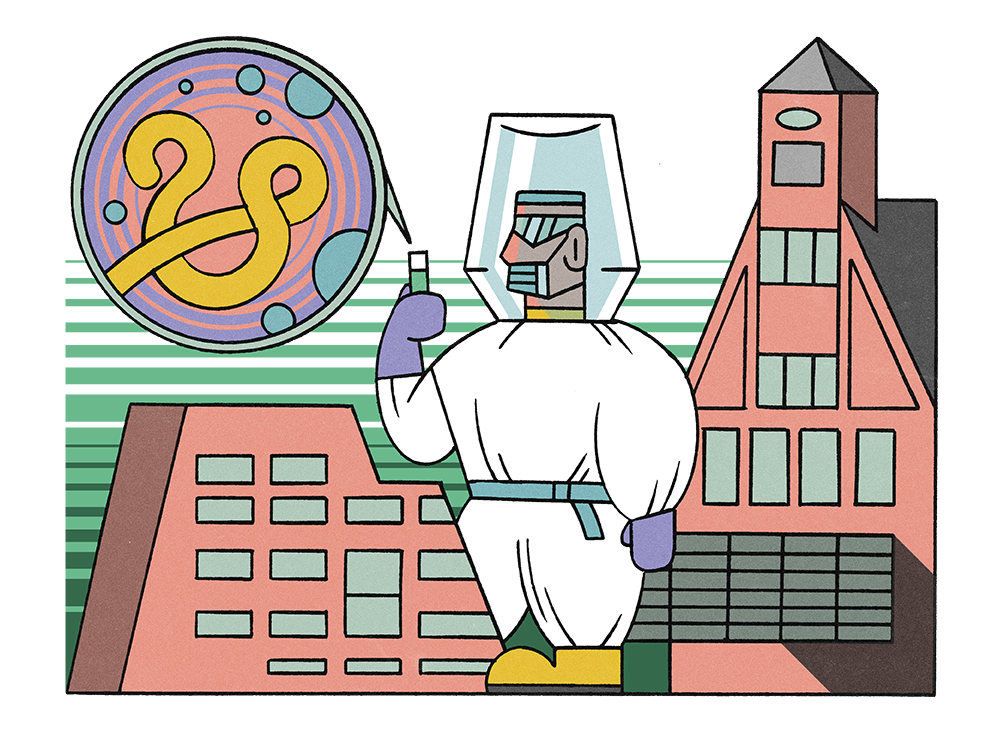 Illustration des Bernard-Nocht-Instituts und einem Wissenschaftler in Schutzanzug.