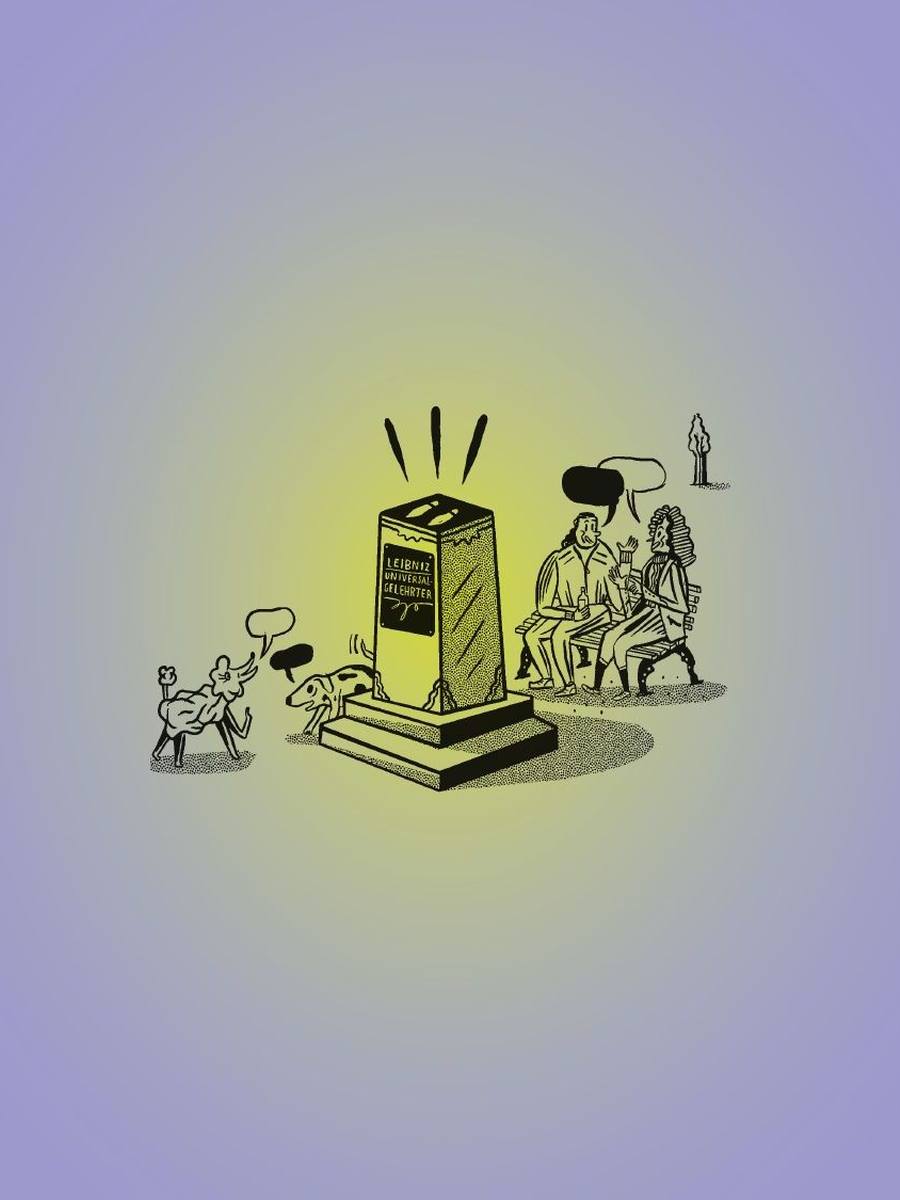 Illustration von Johann Gottfried Wilhelm Leibniz, der von einem Denkmal-Sockel gestiegen ist, im Dialog mit einer Person auf einer Bank. Außerdem zwei Tiere im Dialog.