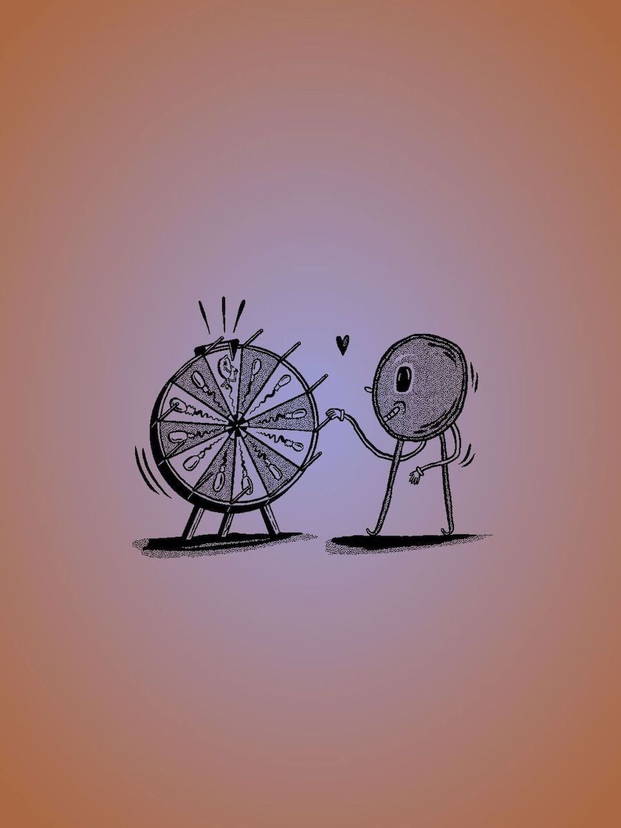 Illustration einer Figur, die an einem Glücksrad dreht.