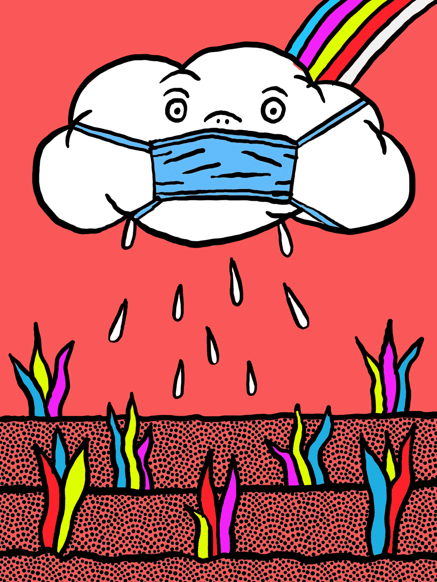 Bunte Illustration einer rechnenden Wolke for einem Regenbogen, die eine OP-Maske trägt.